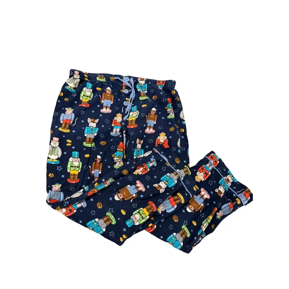 Nick & Nora Nutcracker Animal Flannel Pajama Set Navy Blue Cotton Womens Large